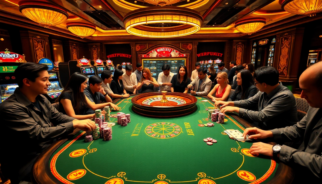 Exciting gaming atmosphere at WINBET58 casino with poker players and vibrant slot machines.