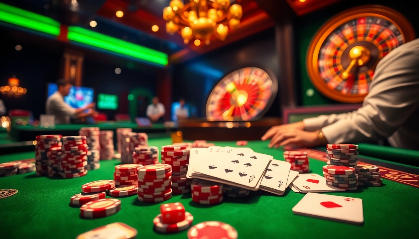 Experience gaming at SuperPH with vibrant casino tables, poker chips, and players engaged in thrilling gameplay.