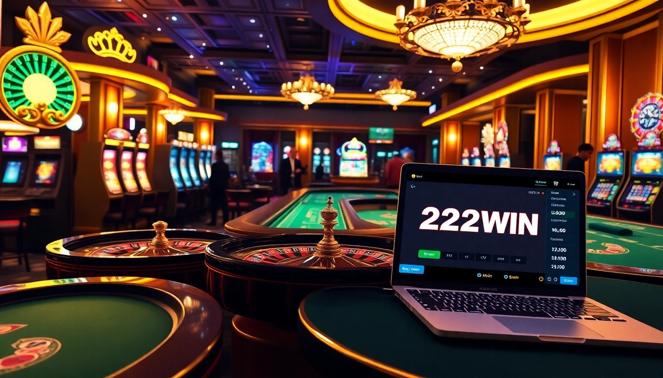 A vibrant online casino scene showcasing players engaging with https://23win.hiphop/ on luxurious tables and slots.