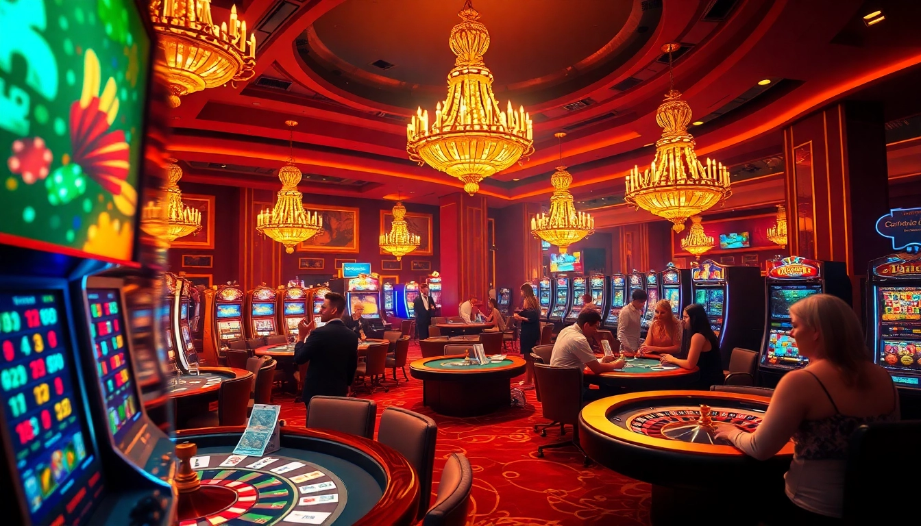 Luck8 casino scene with players enjoying card games and slot machines.