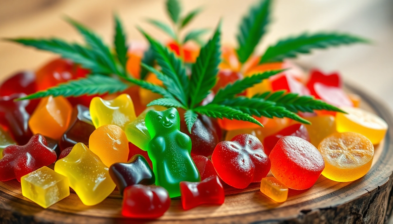 Indulge in colorful Weed Gummies displayed invitingly on a rustic wooden platter.