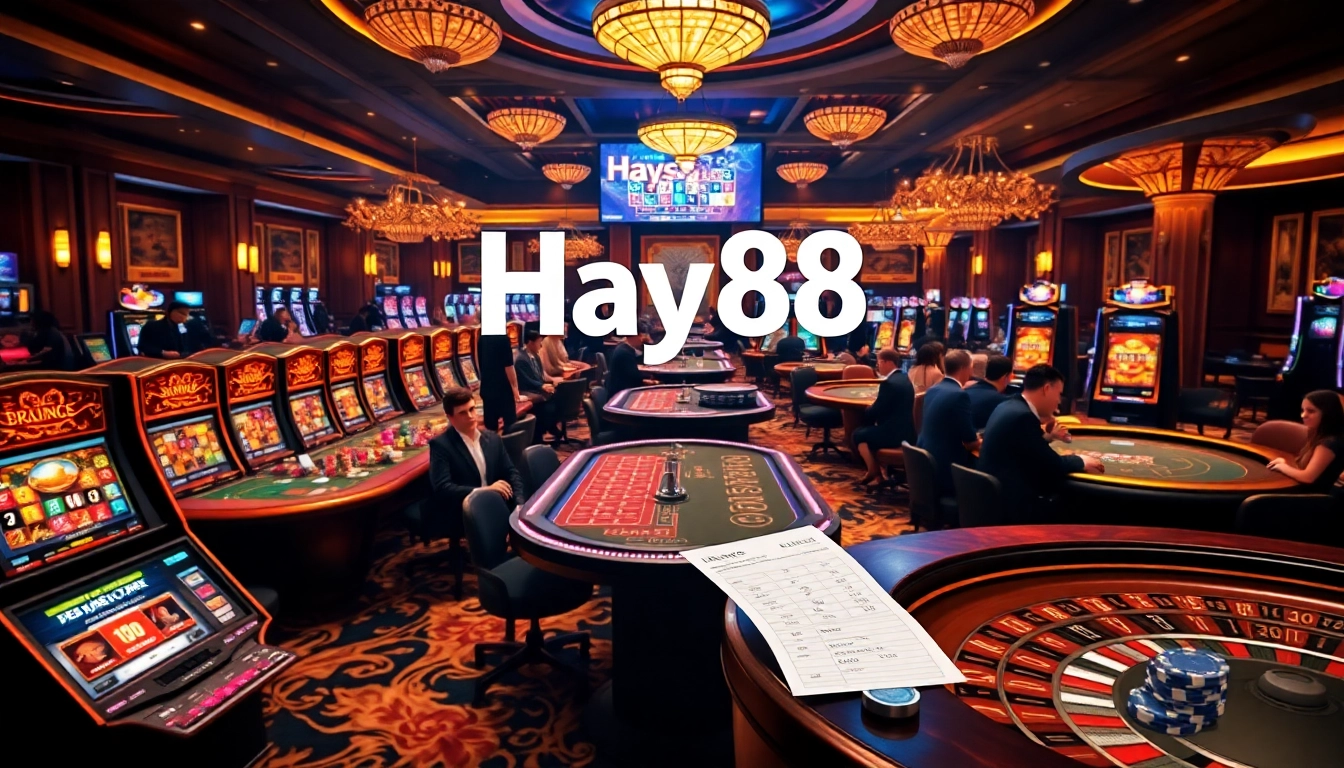 Engaging scene of players enjoying Hay88 casino games with dazzling slot machines and betting slips.