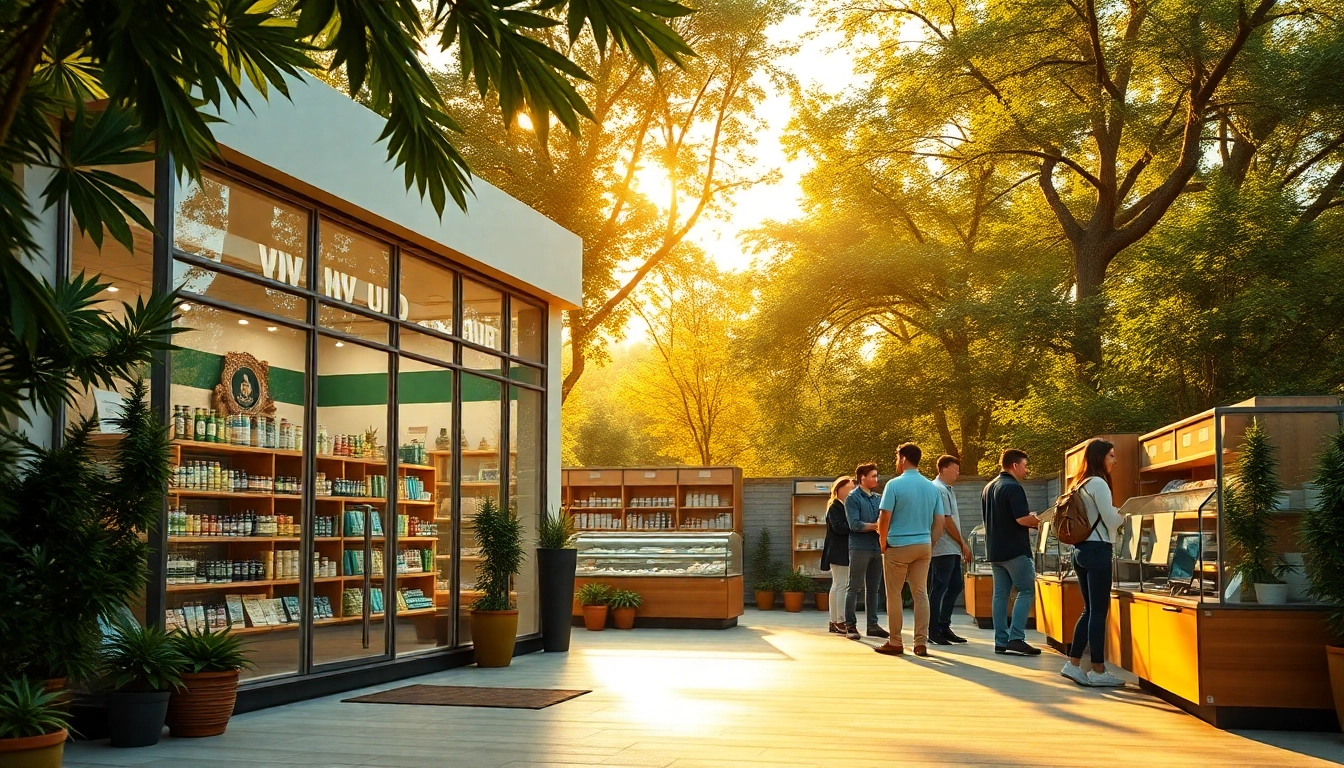 Inviting Weed Store storefront showcasing cannabis products in a natural greenery setting