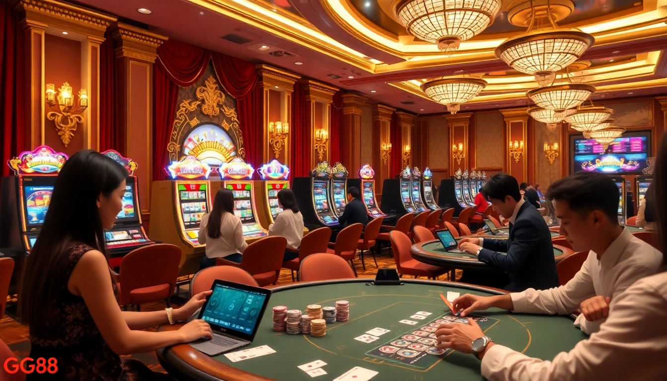 Experience luxury gaming at GG88 with vibrant slot machines and dynamic card tables.