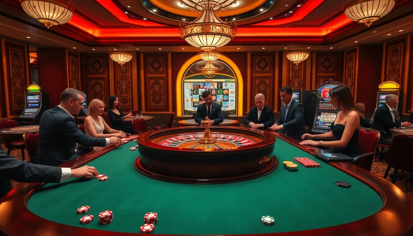 Exciting RR88 casino scene with roulette table and eager players betting.