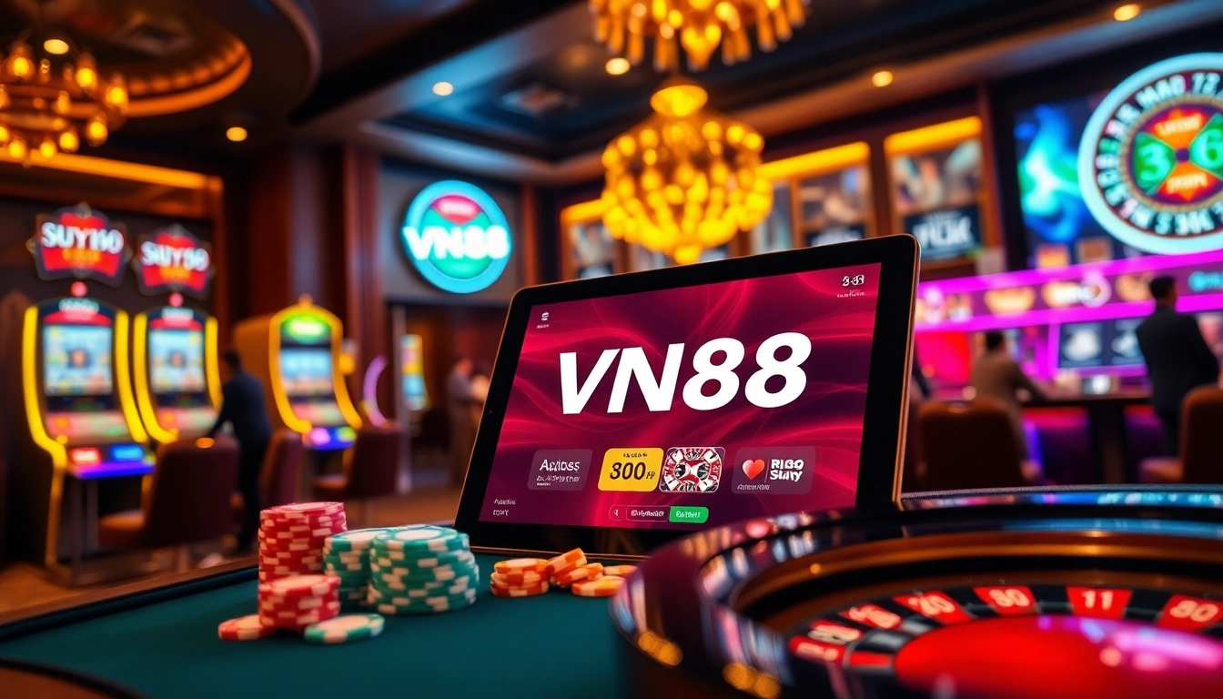 Engage with VN88's vibrant online gambling experience surrounded by immersive casino elements.