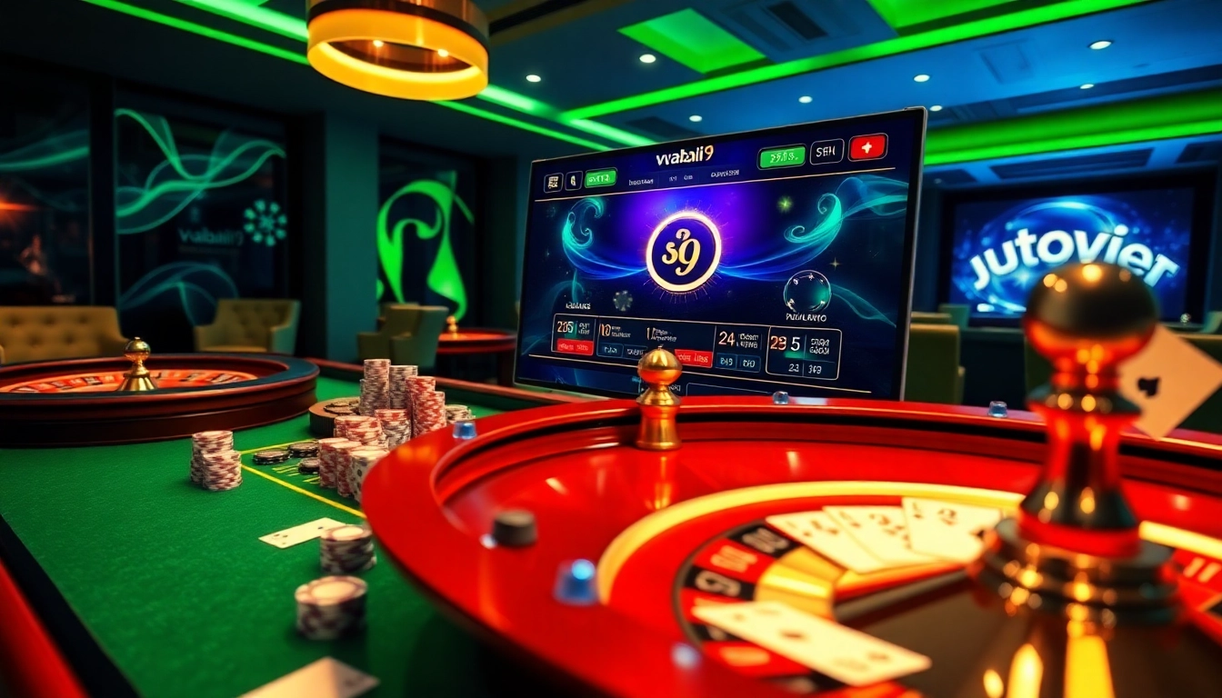 Experience the excitement of vuabai9 with a vibrant online casino atmosphere showcasing poker chips and a roulette wheel.