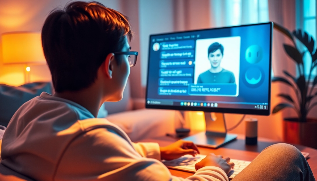 Engaging scene of a cozy user interacting with an AI chatbot for intimate conversations, showcasing sex ai chat.