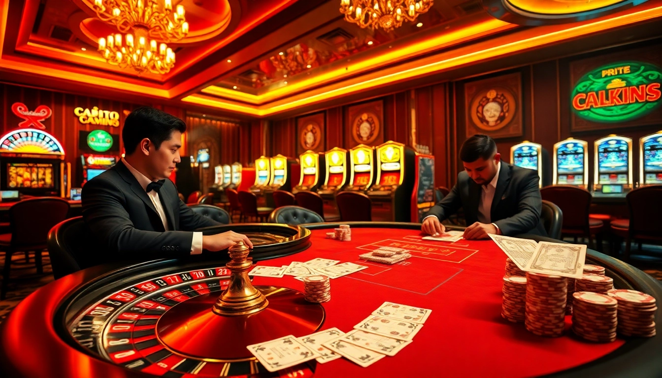 Engage in high-stakes poker at https://new88c.co/ with vibrant casino elements like roulette wheels and poker chips.