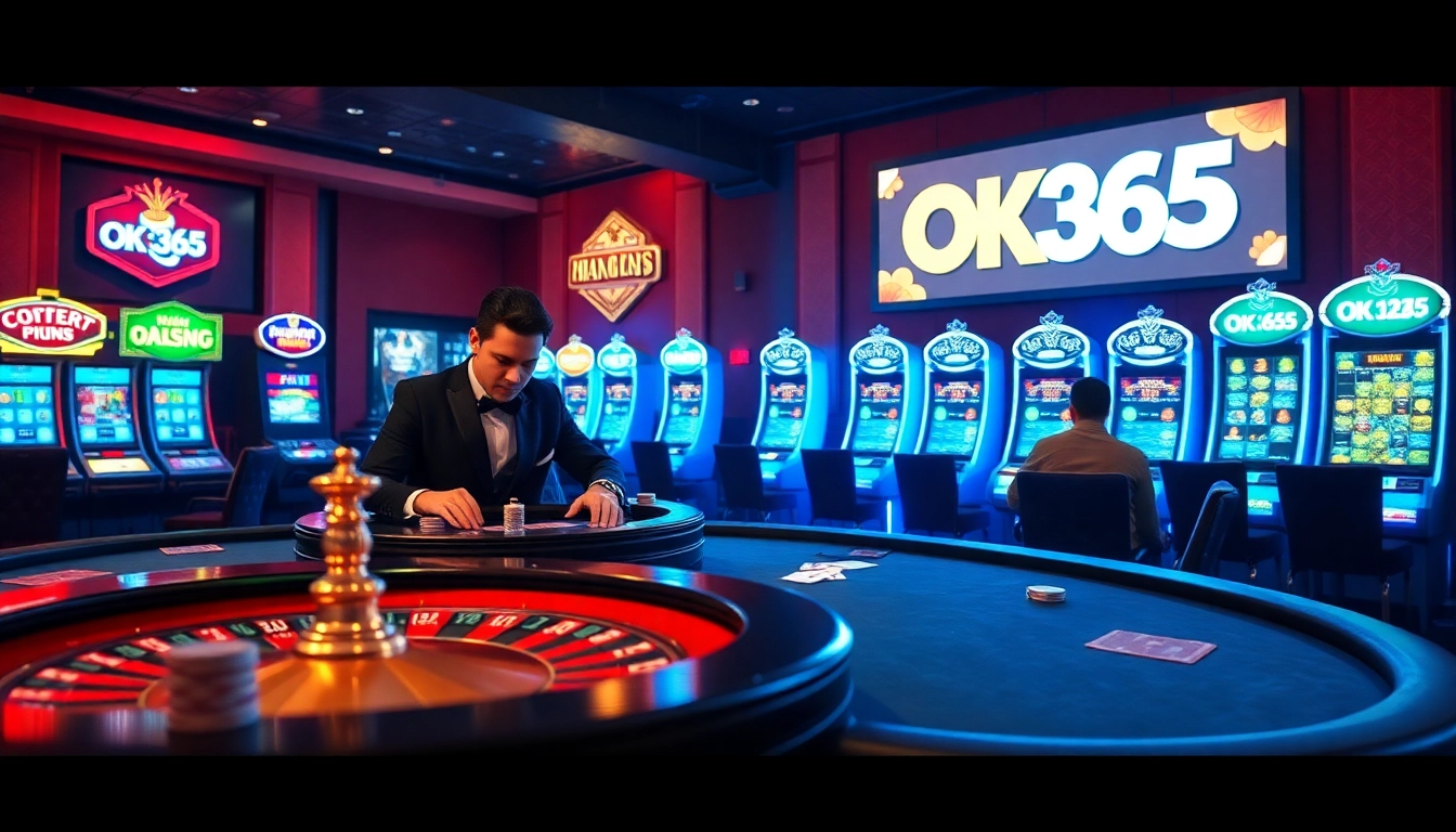 Image showcasing an exciting poker game and roulette wheel at OK365 online casino.