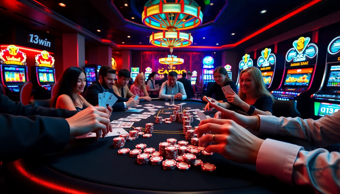 Players engage in a thrilling poker game at 13win casino, showcasing excitement and luxury.