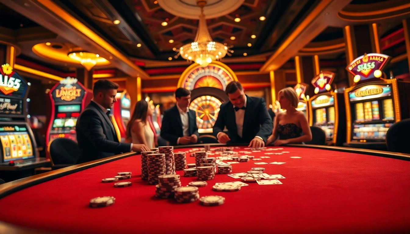 Engaging gamblers enjoying a win55 casino experience with poker and slot machines.