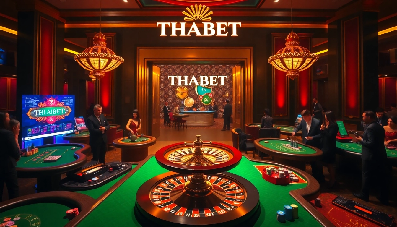 A dynamic casino scene at Trang Chủ THABET showcasing players engaged at roulette and poker tables, highlighting thrilling gameplay.
