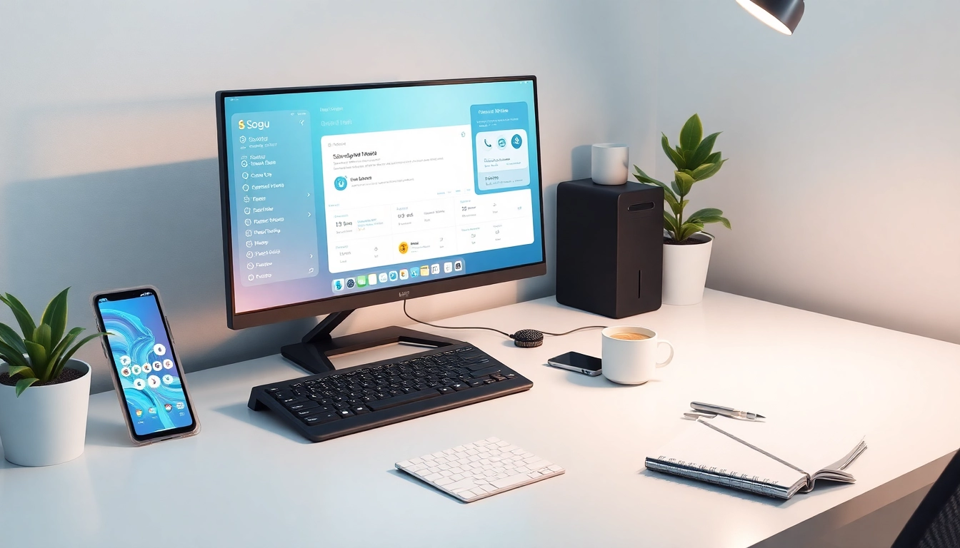 Enhance your typing with 搜狗输入法 showcased in a modern workspace, featuring cross-device syncing and AI search functionalities.
