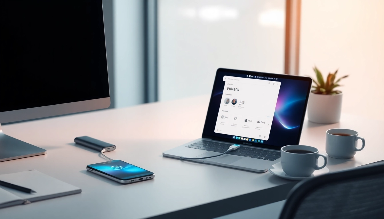 爱思助手 interface displayed on an iPhone in a modern workspace with tech elements.