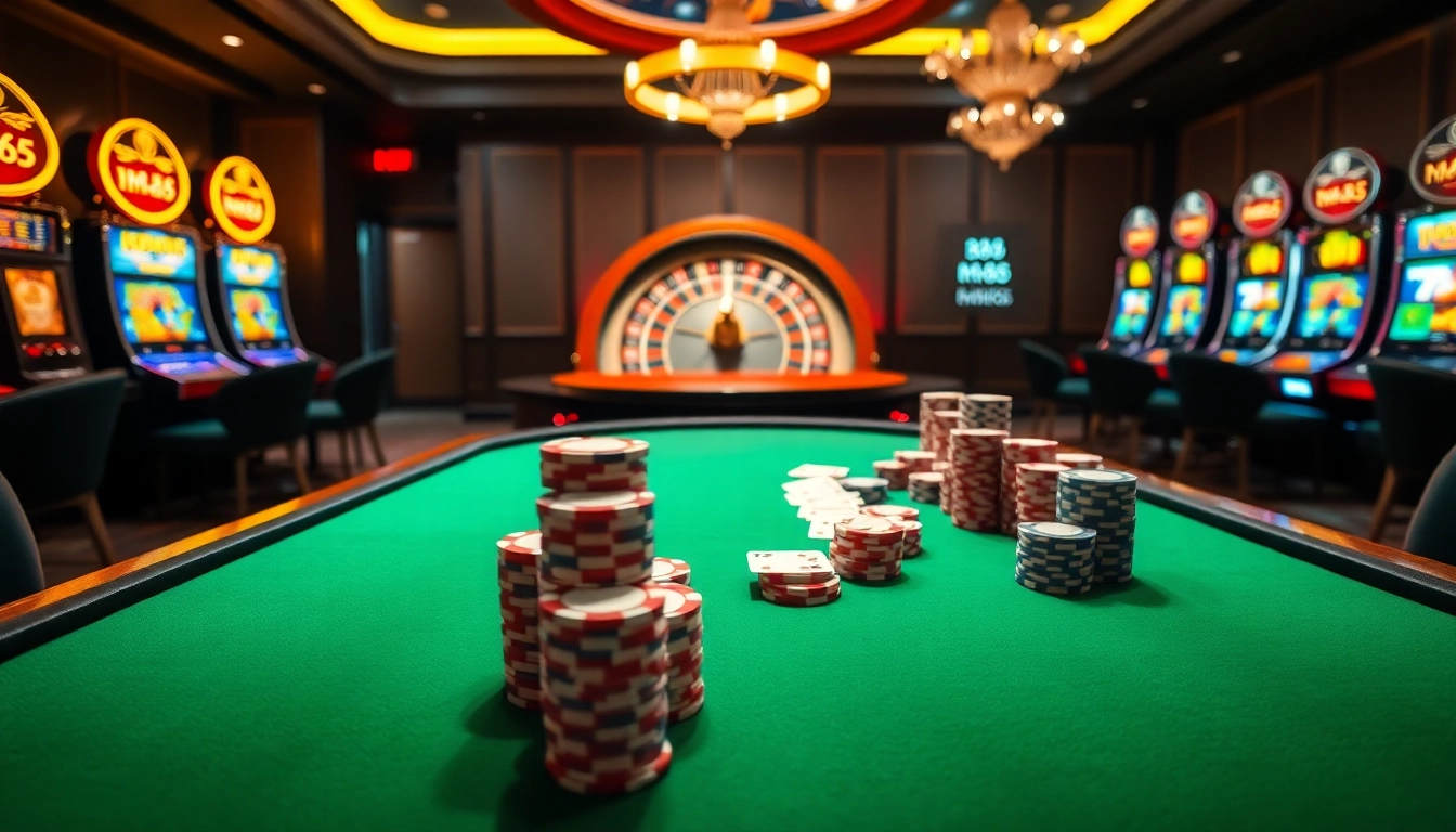 Feel the excitement of mm8 as players engage at a luxurious casino poker table filled with vibrant chips and cards.