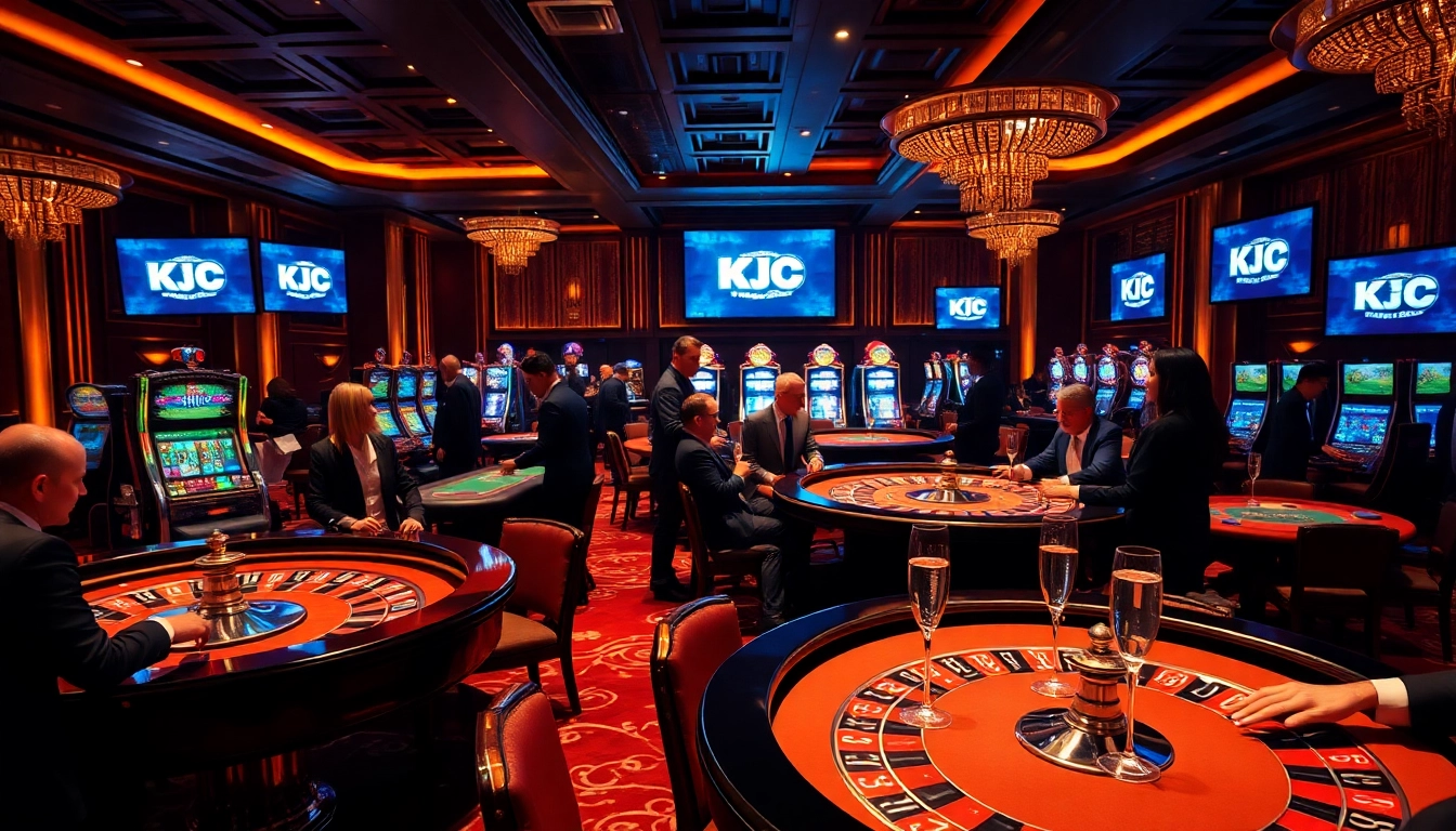 KJC casino floor with engaging players, roulette wheels, and luxurious decor.