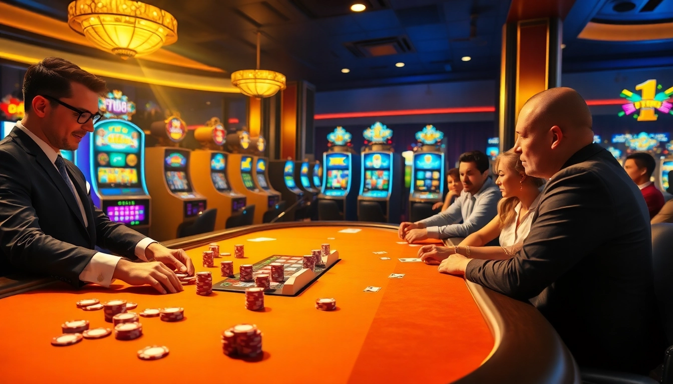Players enjoy a thrilling game at F168 casino, surrounded by vibrant slot machines and poker chips.