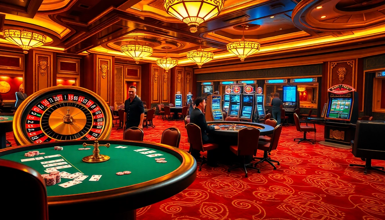 Engaging casino floor with Go8-themed poker and roulette games, showcasing excitement and luxury.