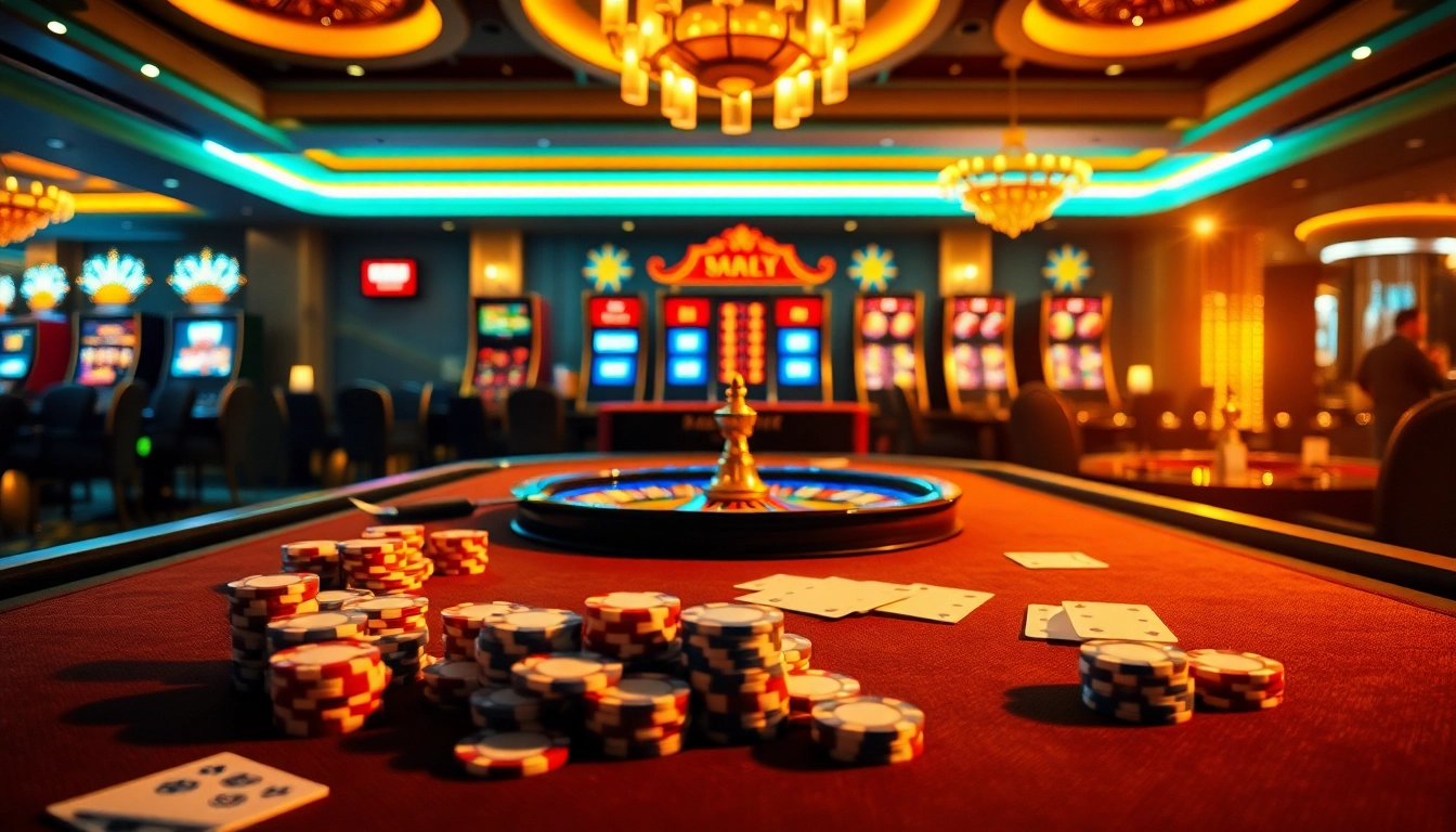 Exciting gaming scene representing https://88clb.courses/ with vibrant casino elements, poker chips, and roulette.