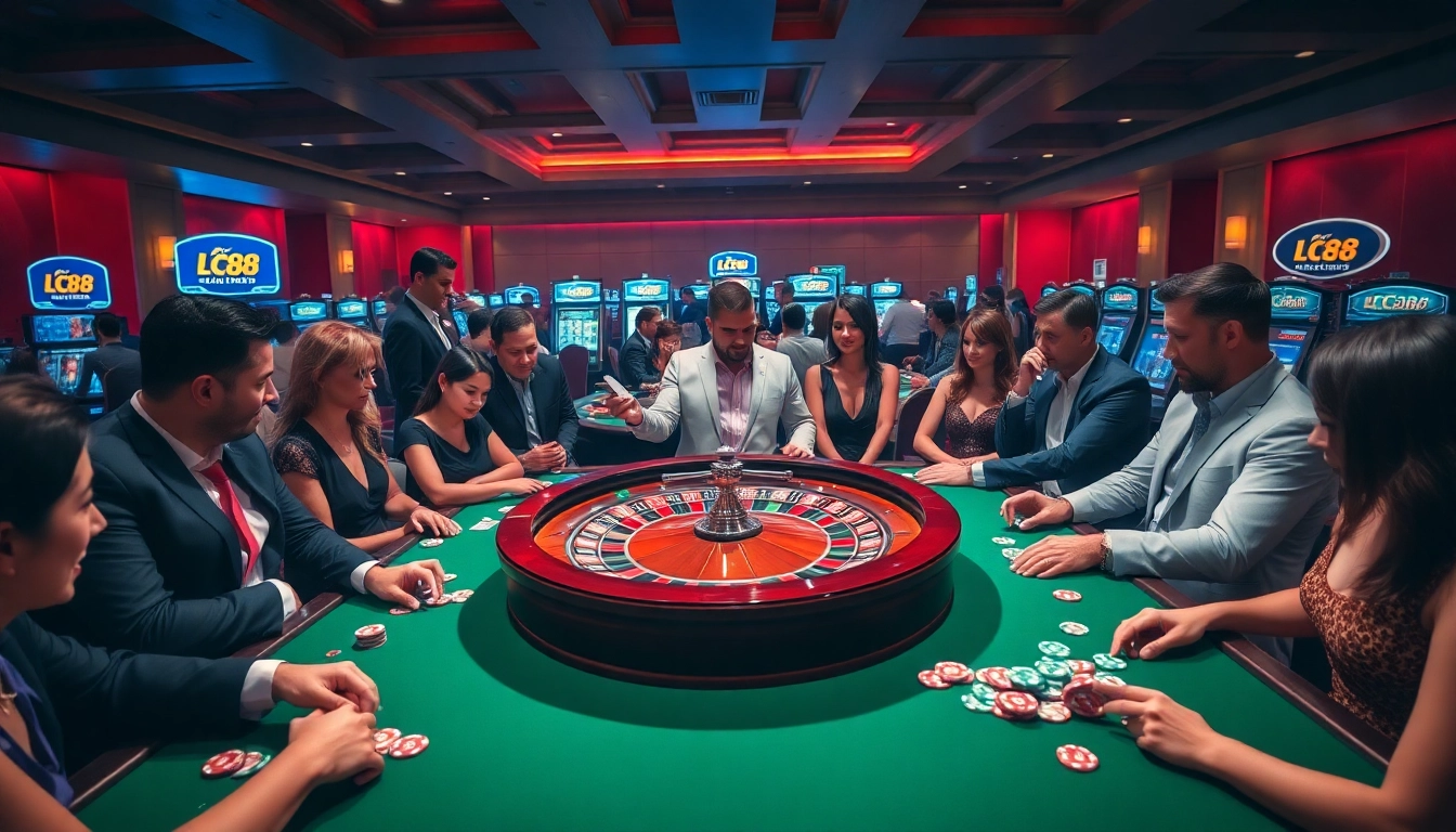 Experience thrilling gameplay at LC88 Casino with elegant roulette and excited players.