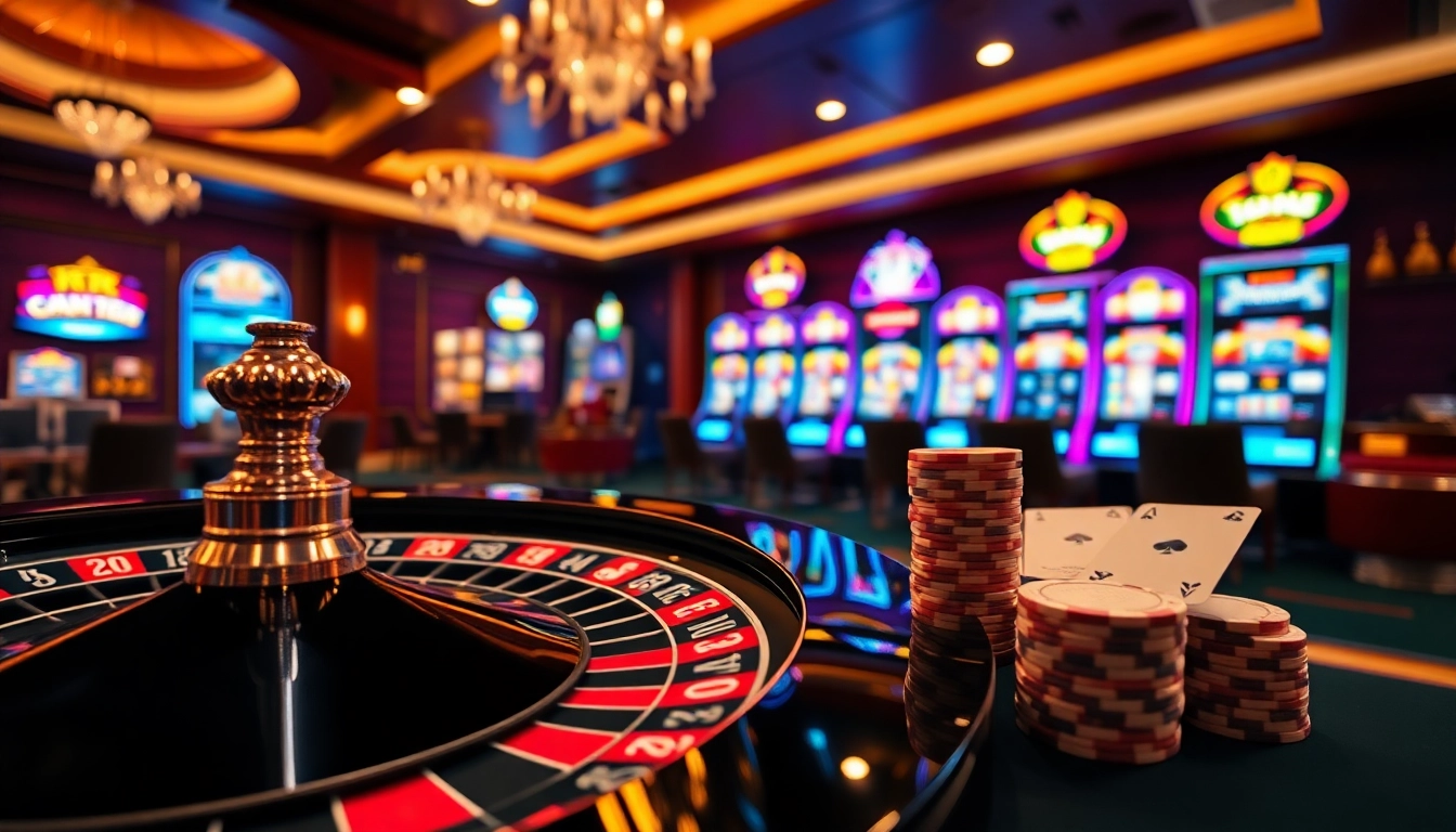 Khela88 exciting online casino scene featuring vibrant slot machines and poker chips stacked for a thrilling experience.