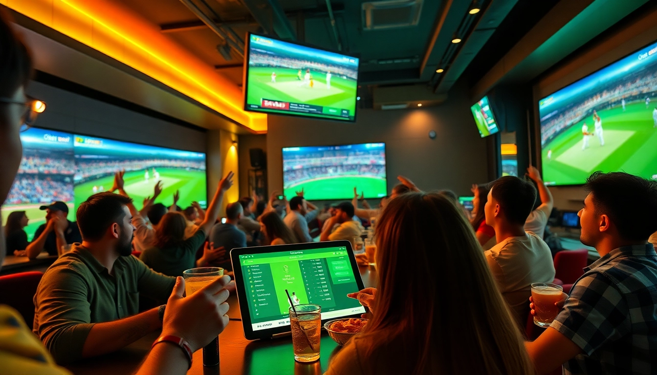 Exciting cricket betting atmosphere with JeetBuzz technology in a lively sports bar.