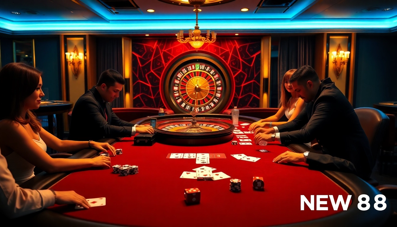 NEW88 poker players placing bets at a luxurious casino table in an exciting atmosphere.