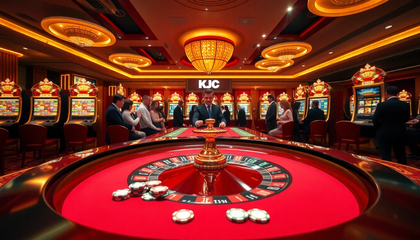 KJC branded casino scene showcasing players at a roulette table, capturing excitement and luxury.