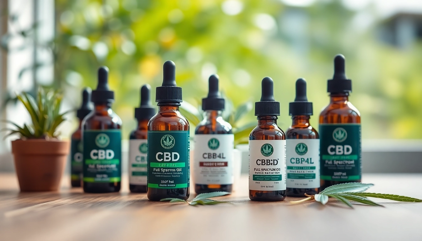 Showcasing full spectrum CBD oil bottles in a natural setting with greenery and bright lighting.