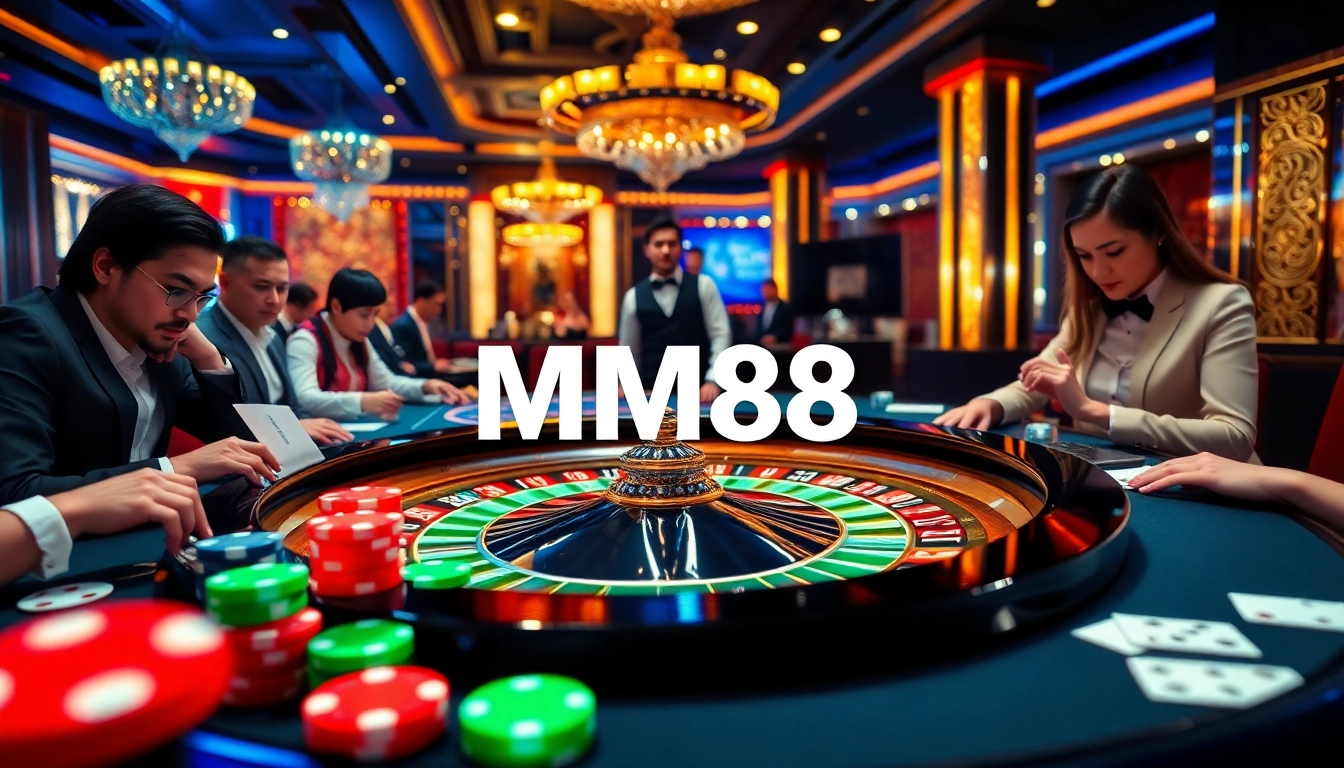 Exciting casino atmosphere with MM88 branding, players engaged in high-stakes roulette.