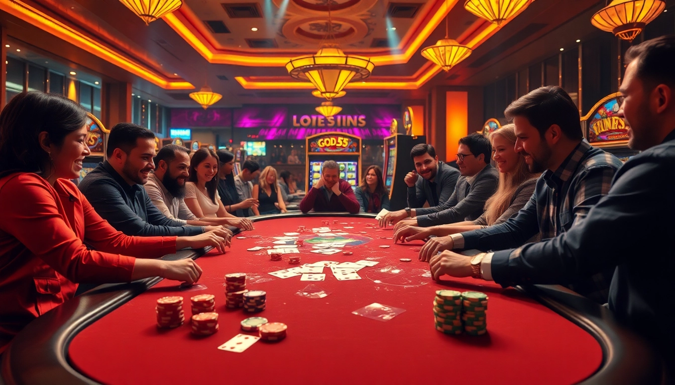 Players enjoying a thrilling casino experience with god55, featuring vibrant tables, poker chips, and machines.