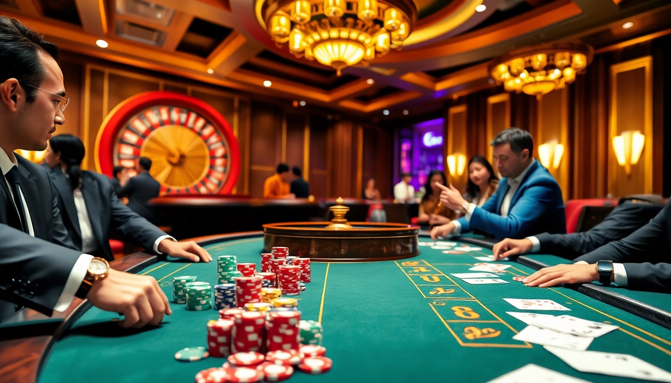 Players bet high at the Lc88 casino table under elegant lighting, showcasing poker chips and a roulette wheel.