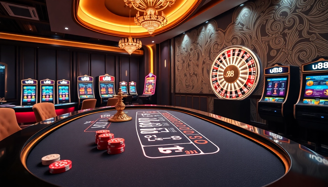 Exciting gaming action at uu88 online casino with vibrant slot machines and roulette wheel.