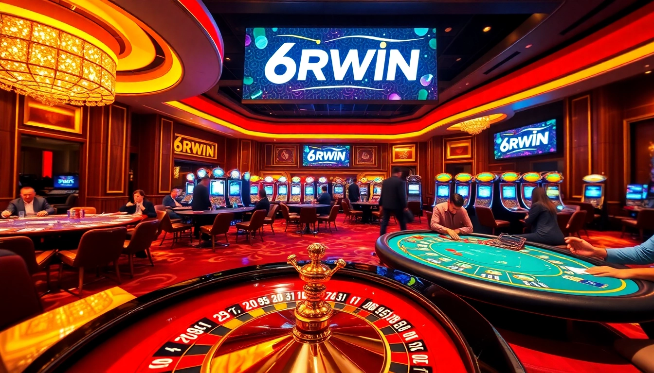 A lively casino scene showcasing the 6RWIN logo among players at roulette and card tables.