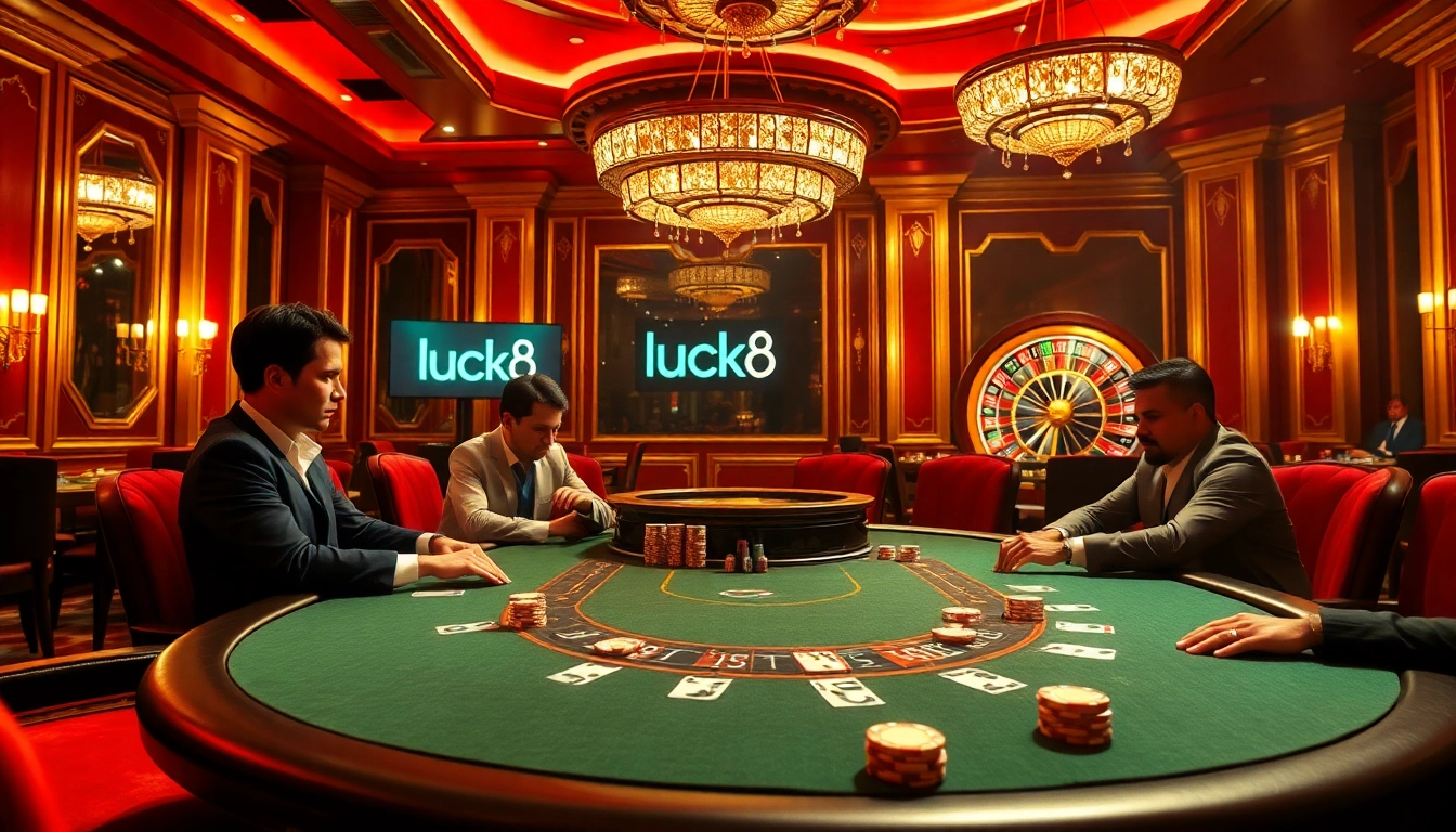 High-stakes poker action at a casino featuring luck8 branding and luxurious decor.