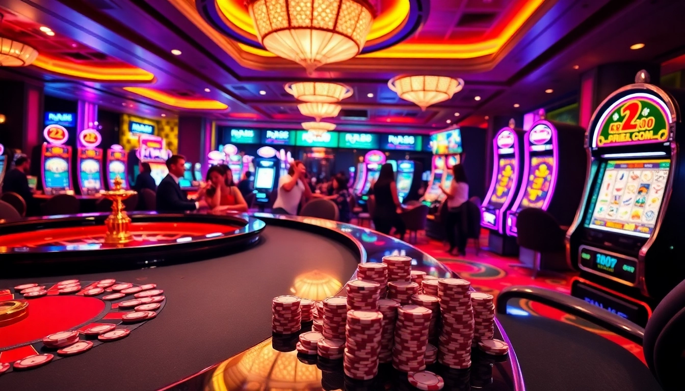 Gamblers enjoying a thrilling experience at rr88 casino with vibrant gaming tables and slot machines.