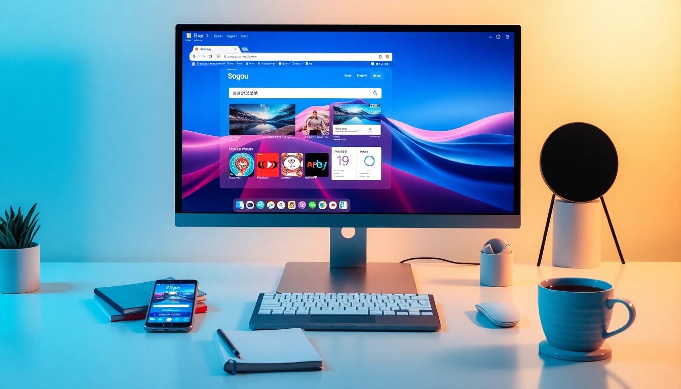 Sogou浏览器 interface displayed on a modern workspace computer, showcasing user-friendly design and customization options.