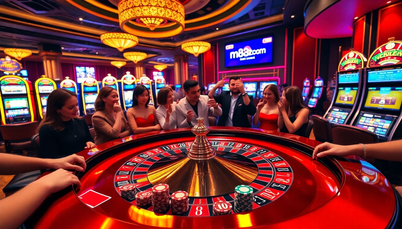 A thrilling gambling scene at m88zo.com featuring a roulette table, poker chips, and excited players.