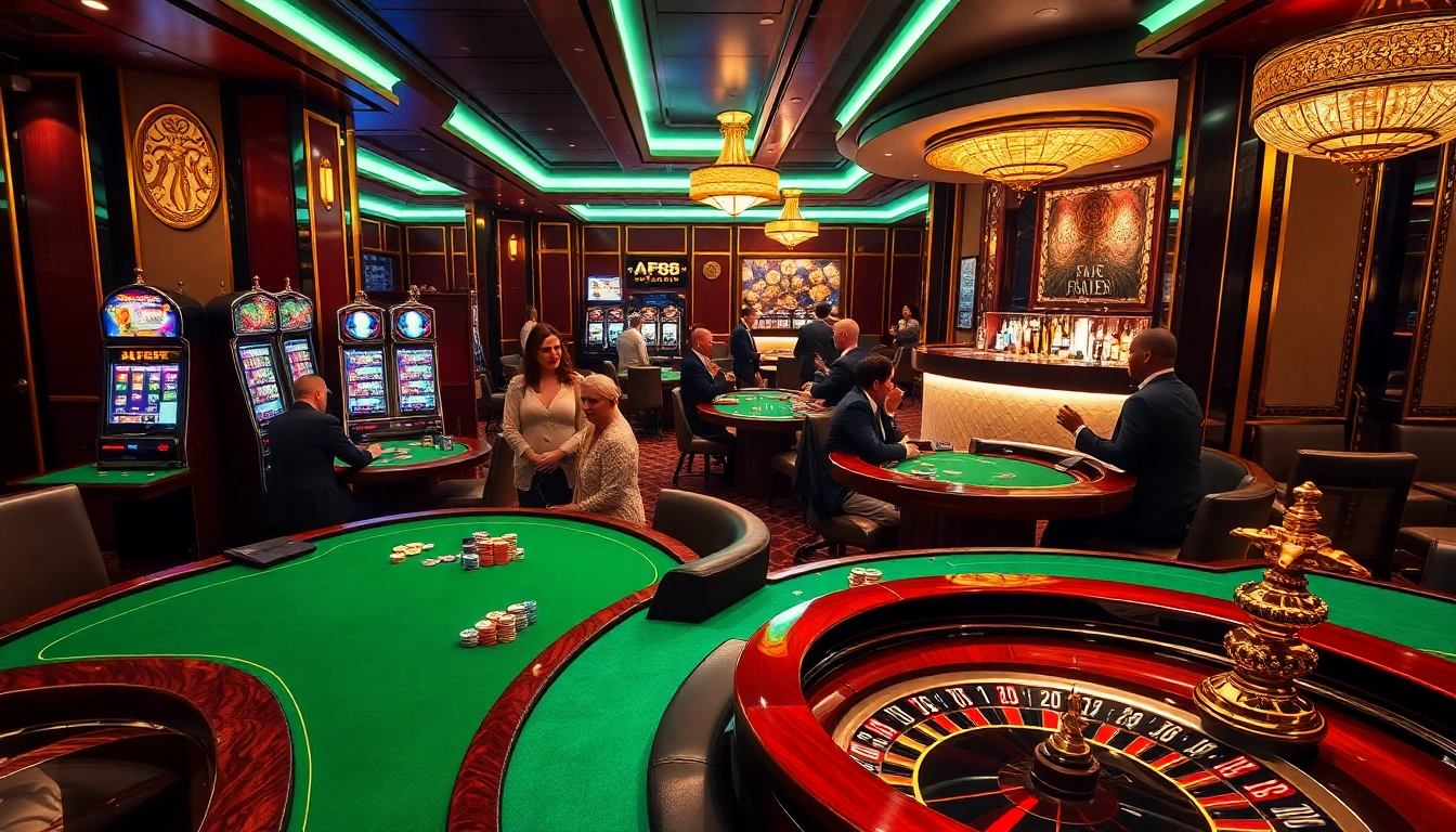 Engaging AF88 casino scene with poker players and luxury slot machines.
