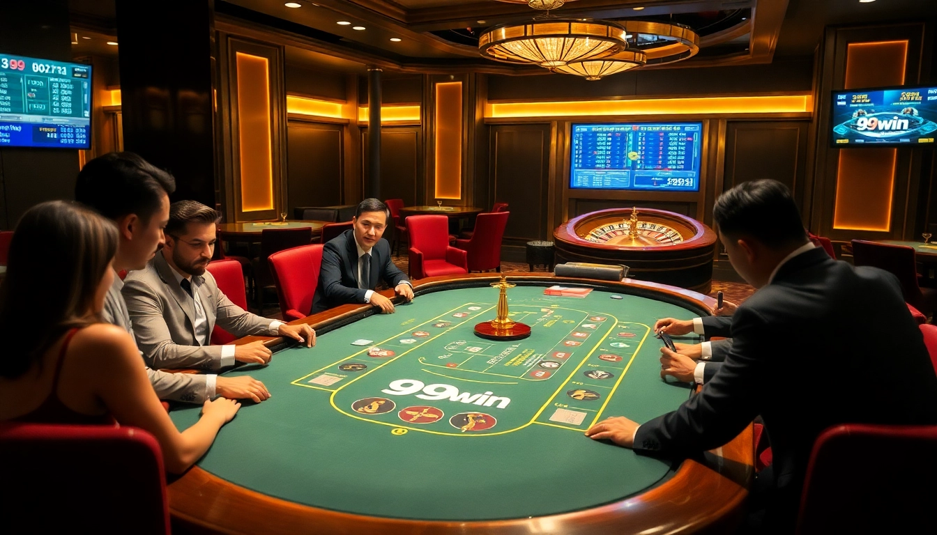 Experience 99win excitement at a baccarat table with players enjoying high-stakes action.
