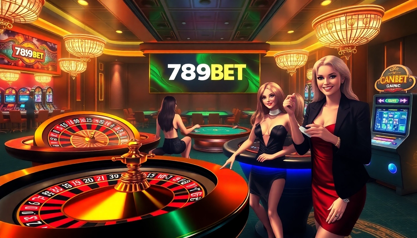 Exciting casino atmosphere with 789BET branding, roulette wheel, and engaged players.