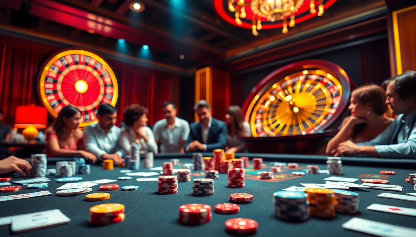 Nohu90 players enjoying high-stakes table games in a vibrant casino atmosphere