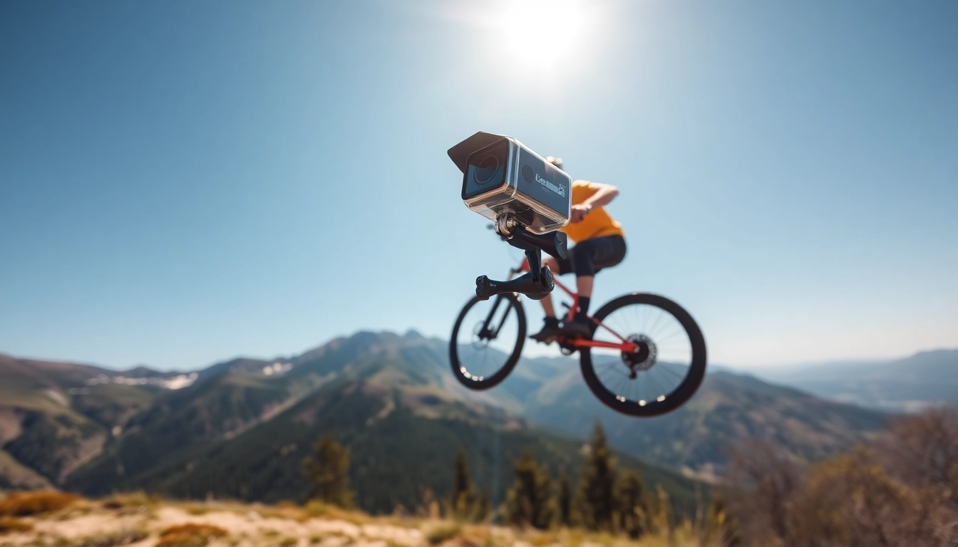 Action camera capturing an exhilarating mountain biking moment in a stunning landscape.