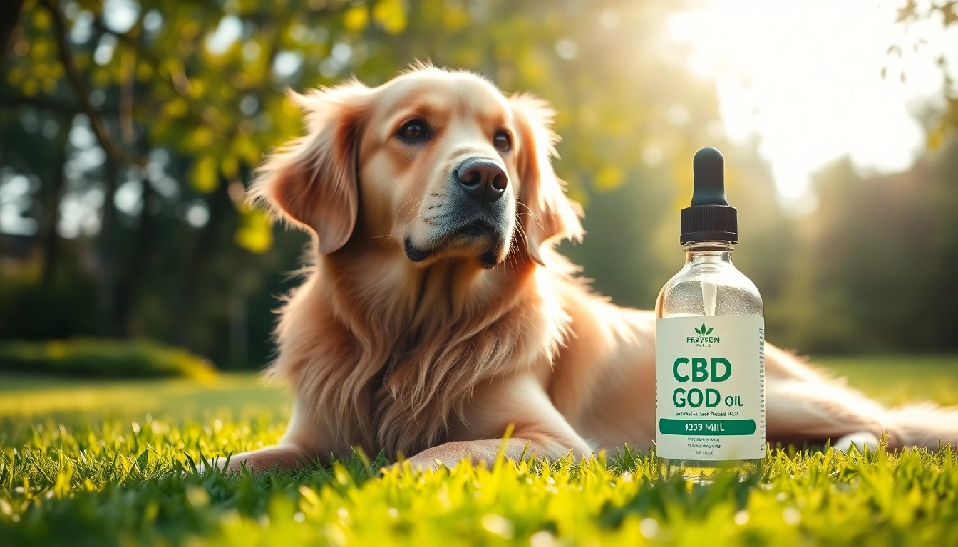 Promote wellness with CBD Oil For Dog beside a golden retriever in a sunny lawn.
