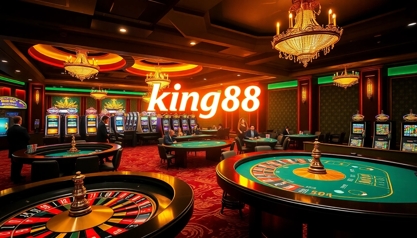 Players enjoying a thrilling game of poker at king88 casino, with vibrant slot machines in the background.