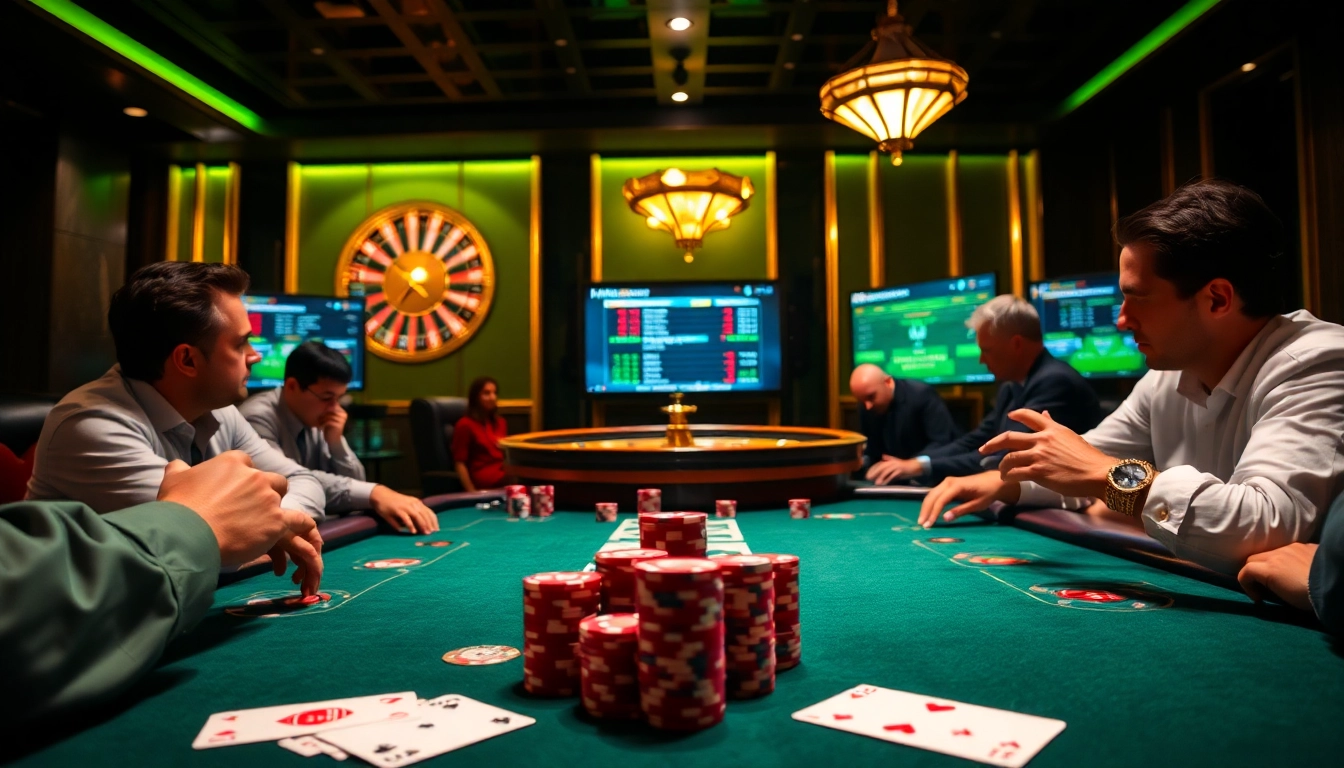 Experience the thrill of rr88 at a luxurious poker table, surrounded by vibrant casino elements and engaged players.