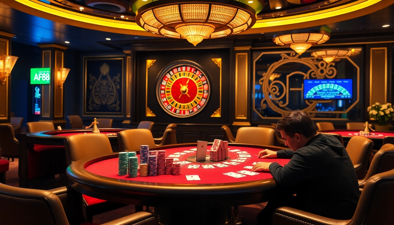Experience high-stakes excitement at AF88 poker table with vibrant chips and cards.