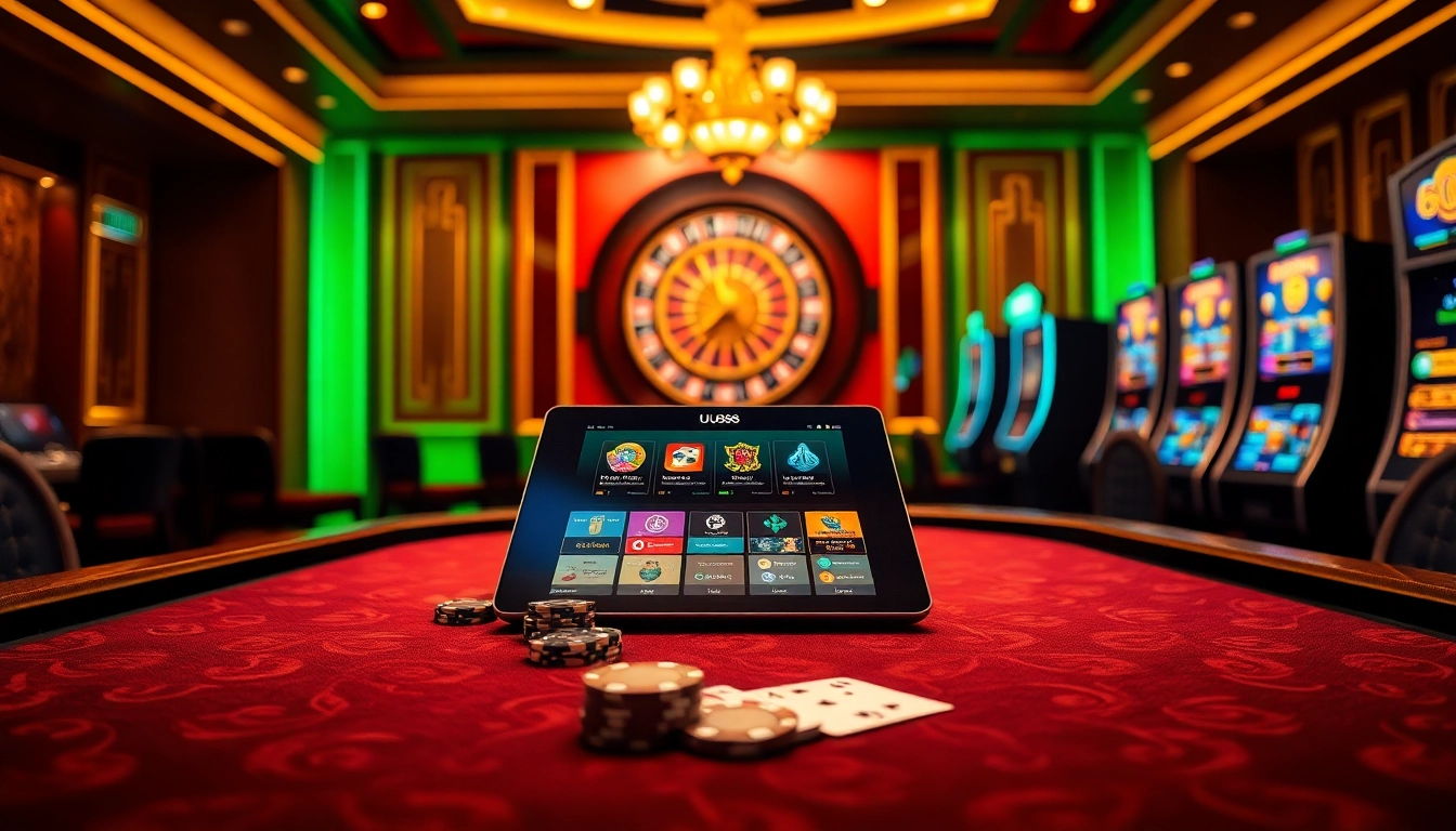 Playing poker at UU88 in a luxurious casino setting with vibrant slot machines.