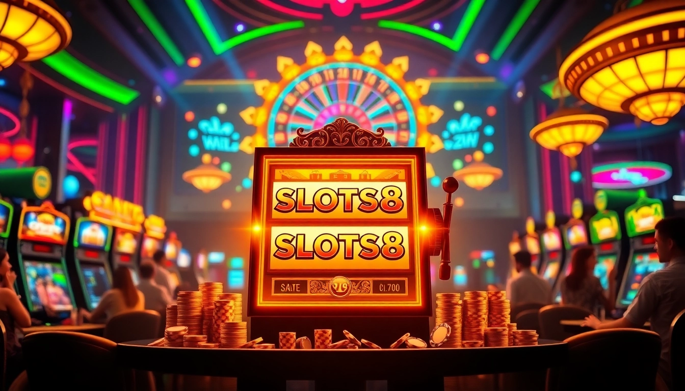 Players enjoying the excitement of SLOTS8 slot machines in a luxurious casino setting.